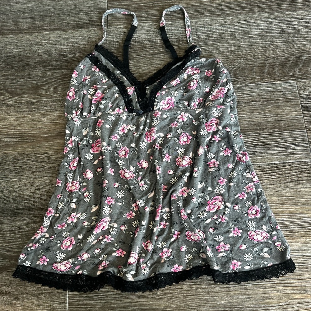 Floral Lace-Trim Tank Top Camisole in Gray and Pink